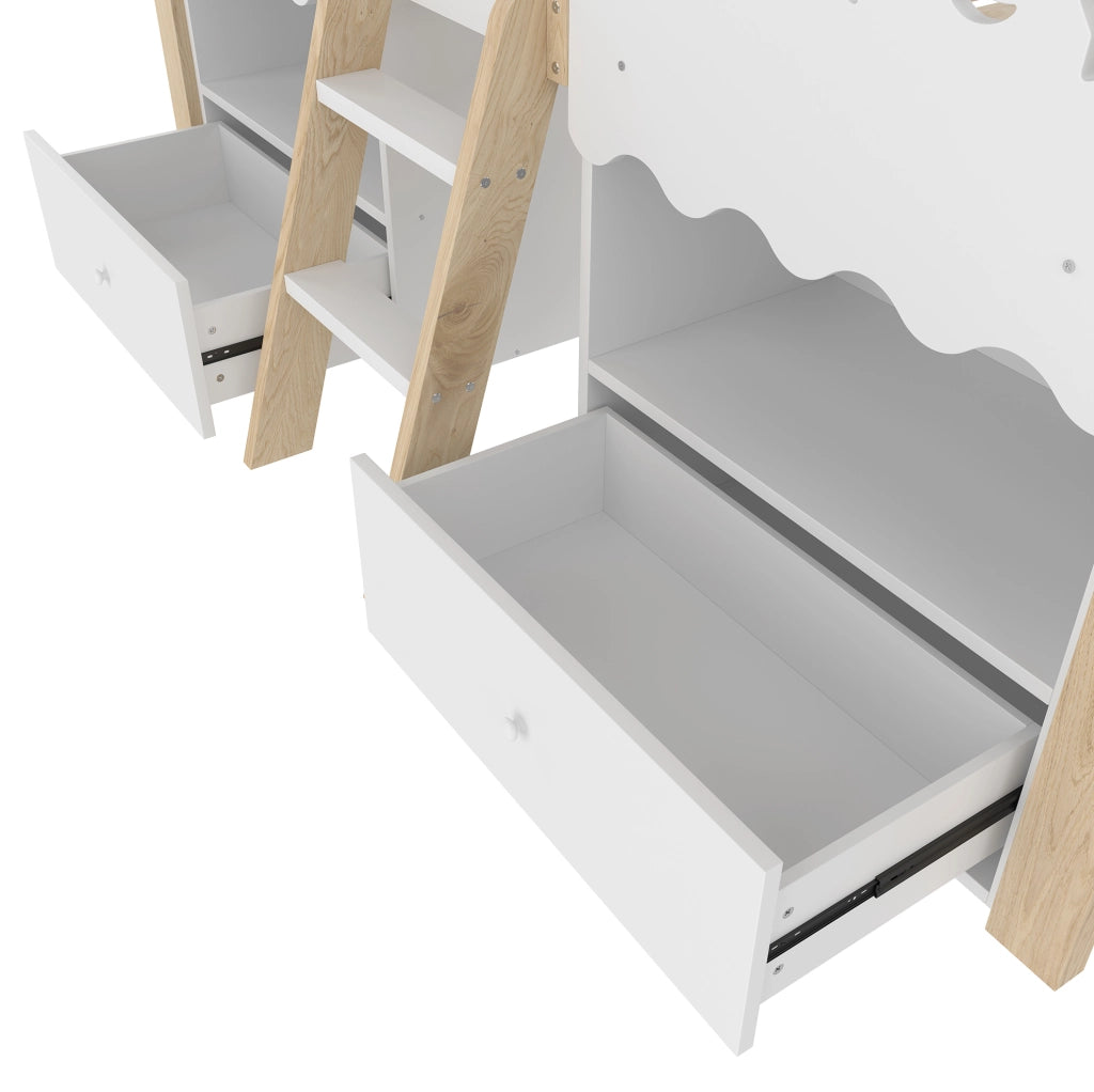 Letto a soppalco 90x200 cm a casetta con LED; in pino bianco e naturale