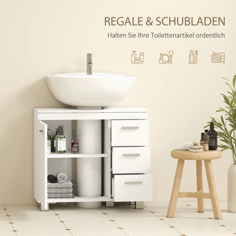 Mobile sottolavabo bianco in MDF, 2 ripiani e 3 cassetti