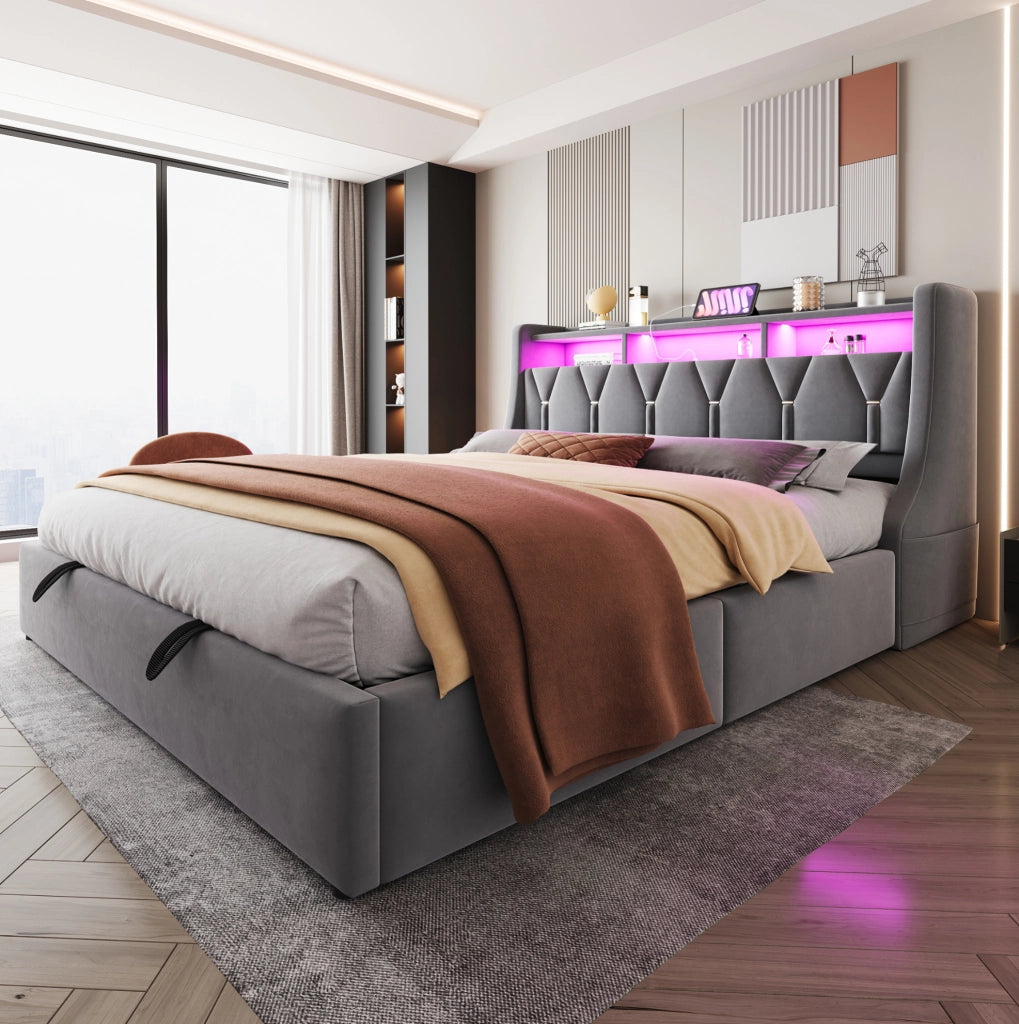 Letto imbottito 180x200 cm con contenitore, testiera multifunzione e LED