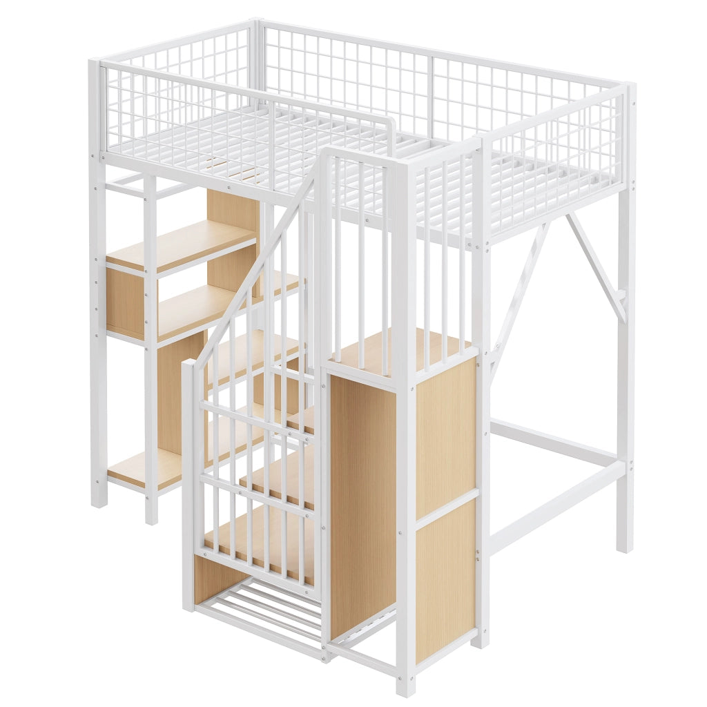 Letto a soppalco singolo 90×200 cm con scala contenitore e ripiani; senza materasso; metallo e legno; bianco