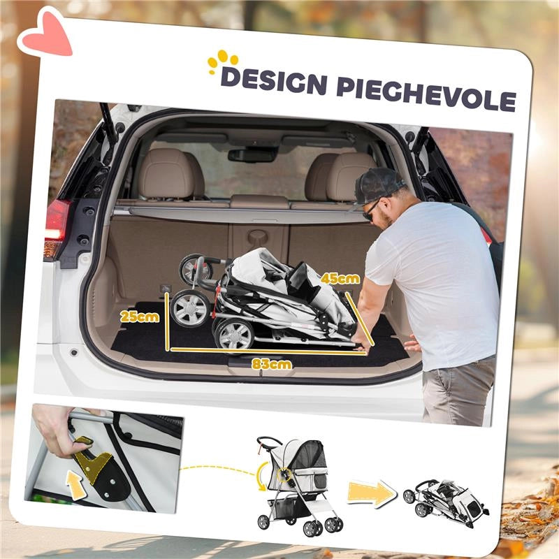 PASSEGGINO PER CANI PICCOLI PIEGHEVOLE CON COPERTURA ANTIPIOGGIA, RUOTE GIREVOLI E CON FRENI, GRIGIO