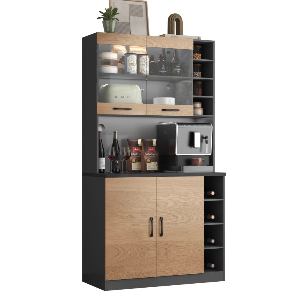 Credenza cucina 100x47x187 cm con LED e ripiani regolabili in MDF e vetro naturale e grigio