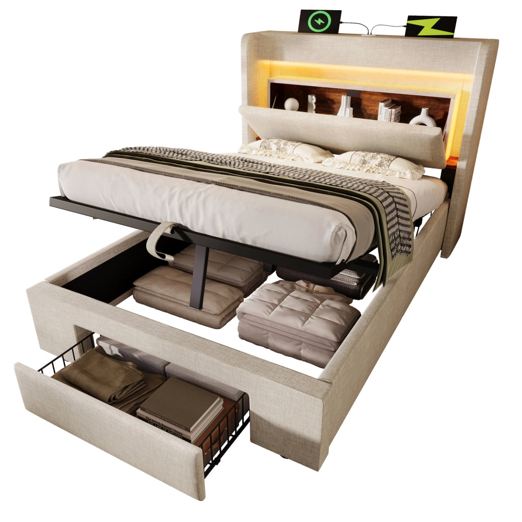 Letto imbottito 90x200 idraulico LED USB/Type-C lino beige