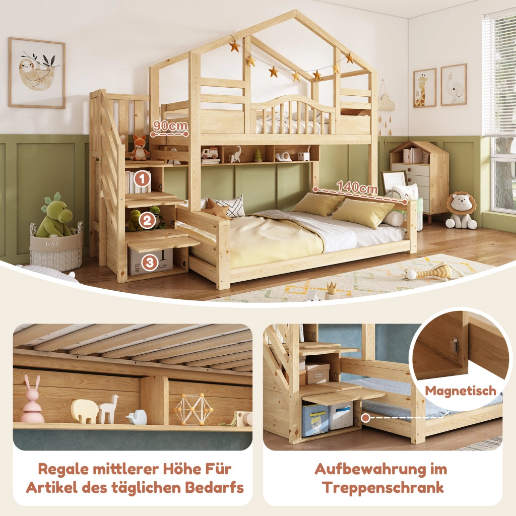 LETTO a castello con scaletta-armadio 90x200/140x200 cm Legno Naturale