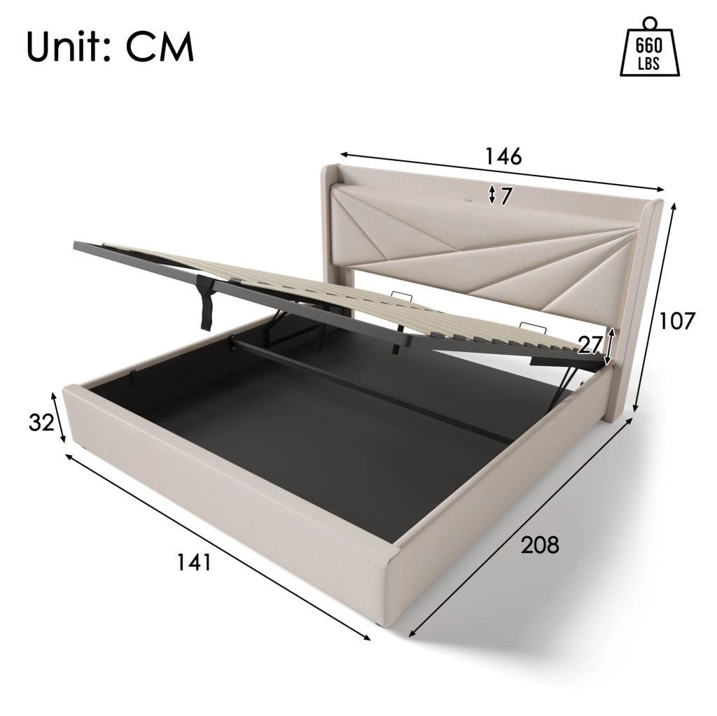 Letto matrimoniale 140x200 cm con contenitore, testiera USB e Type-C, beige