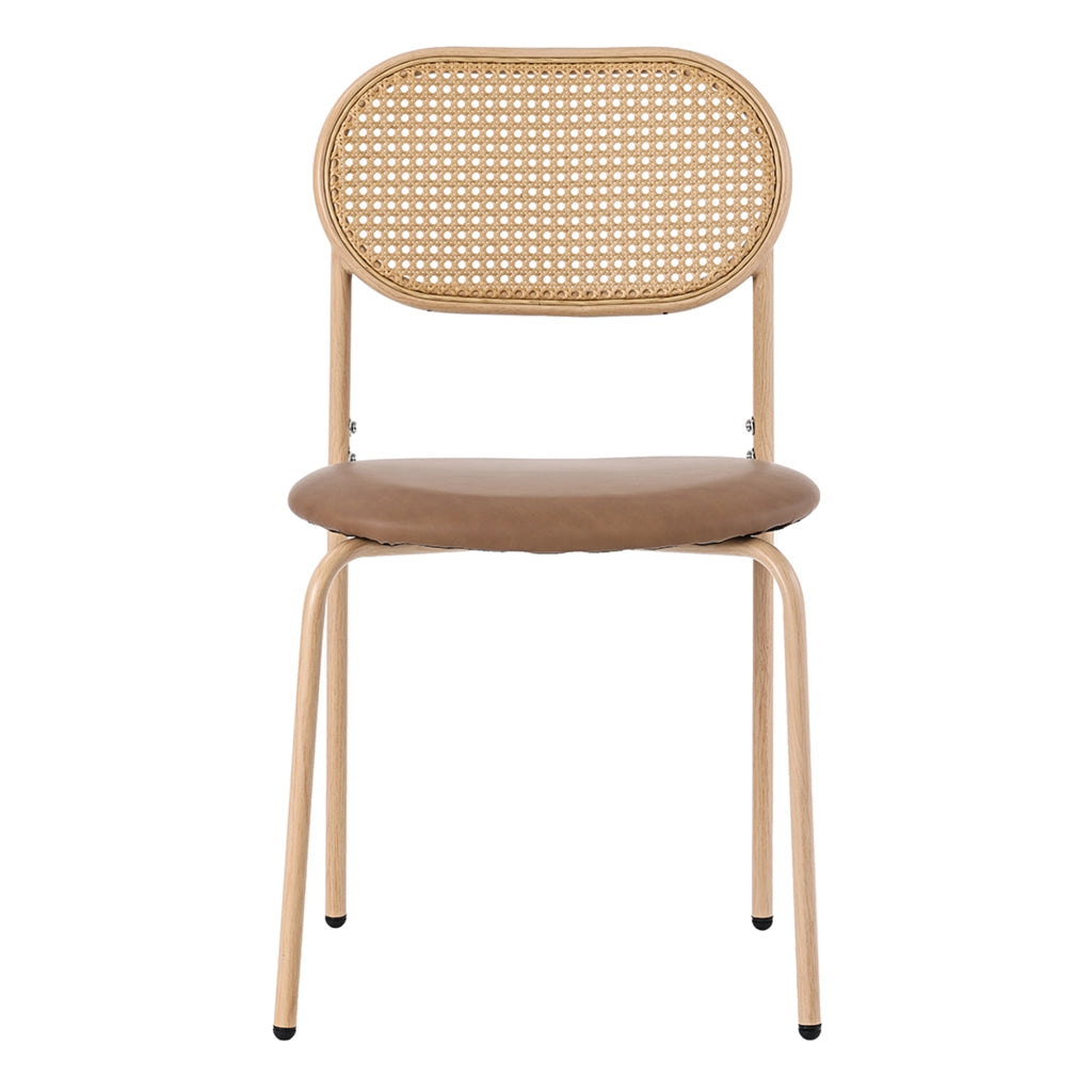 Set di 4 Sedie da Pranzo; Schienale Ovale in Rattan Naturale; Gambe in Metallo; per Sala da Pranzo; PU; Marrone