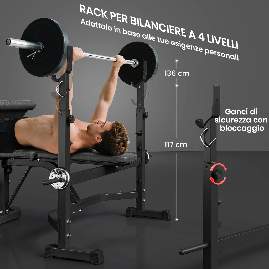 Panca Multifunzione Regolabile 187x140x117-136 cm con Rack Bilanciere in Acciaio e PU Grigio e Nero