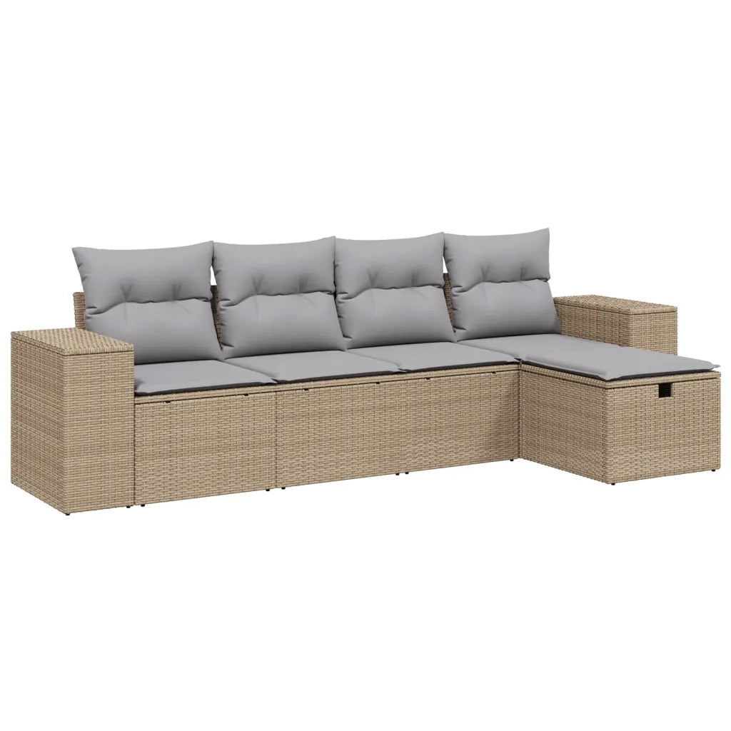 Set Divano da Giardino 5 pz | Set Salotto da Giardino con Cuscini Beige Misto Polyrattan