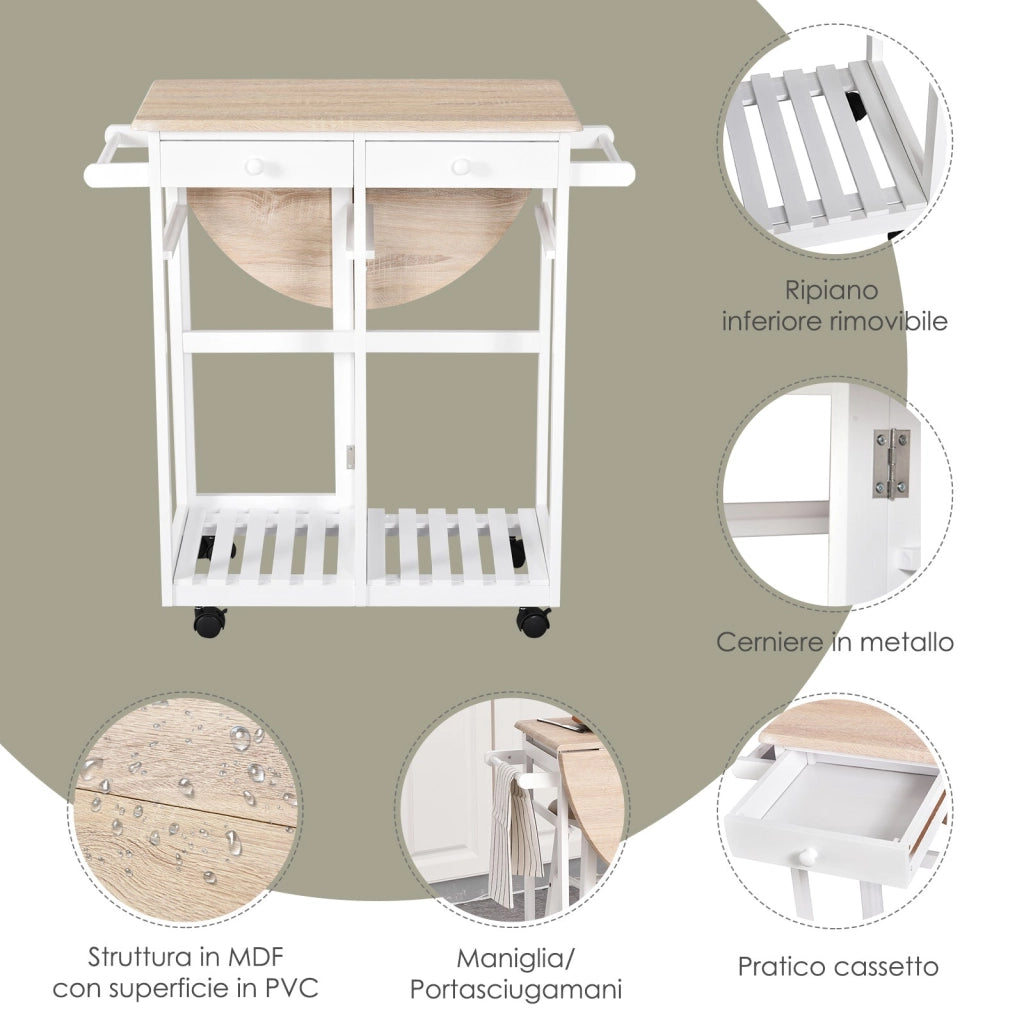 Carrello da Cucina Pieghevole con 2 Sgabelli in MDF  Bianco
