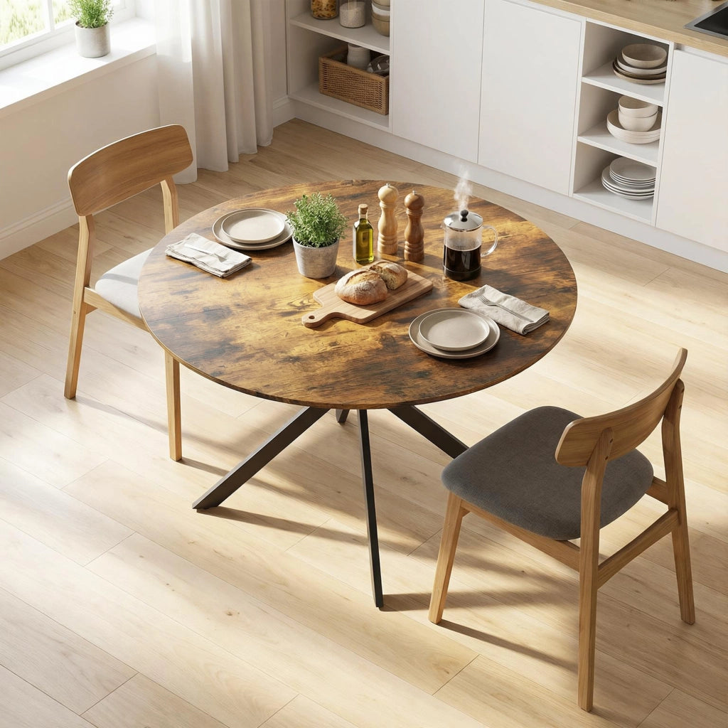 Tavolo da pranzo rotondo per 4 persone ¨C zephmum ¨C industriale, gambe in acciaio, marrone