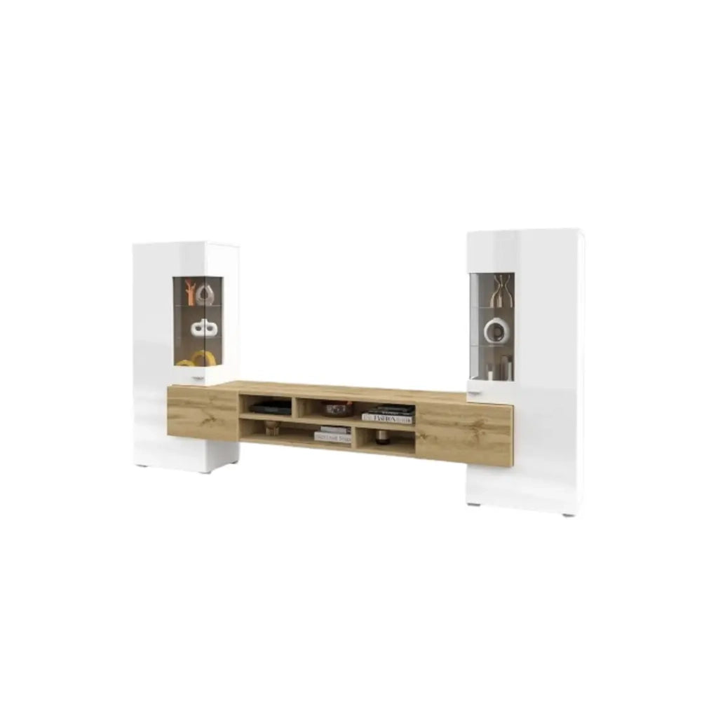 Set di 3 mobili da soggiorno collezione KOBEE. Colore bianco e quercia.