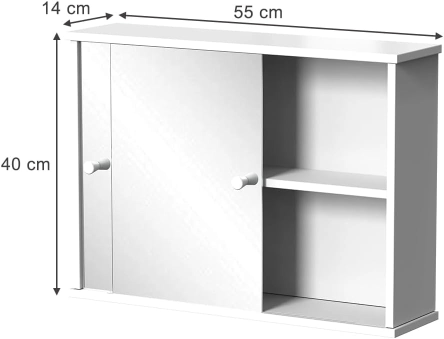 Mobile a specchio per il bagno Mireo, Bianco, 55 x 40 cm con 2 porte scorrevoli, per montaggio a parete con ripiani aperti