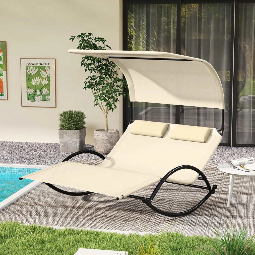 Lettino Prendisole a 2 Posti, Fino a 300 kg, con Tettuccio e Poggiatesta, Sdraio a Dondolo in Tessuto Textilene e Struttura Metallica, per Giardino, Patio, Terrazza, Piscina (Beige)