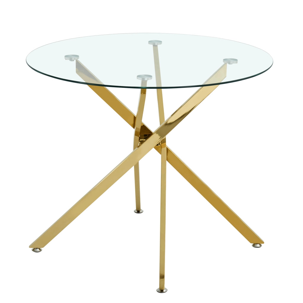 Tavolo da pranzo rotondo in vetro temperato e metallo oro, 2-4 posti, con base a croce, 80 × 80 × 76 cm