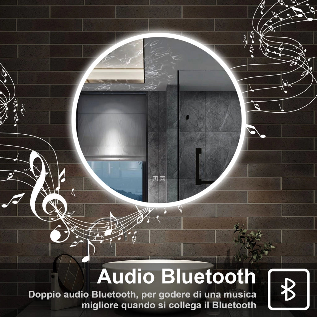 specchio rotondo 70 cm retroilluminato con antiappannamento, funzione dimmerabile e morbido bagliore esterno, bluetooth
