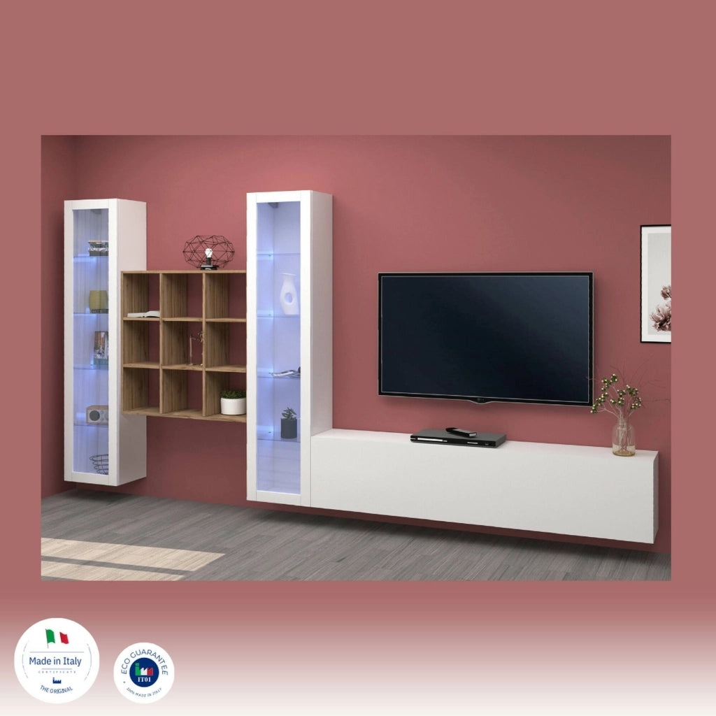 Mobile Soggiorno Atella, Parete Attrezzata 18 Ripiani Made in Italy, 350x30x180h cm Bianco Lucido