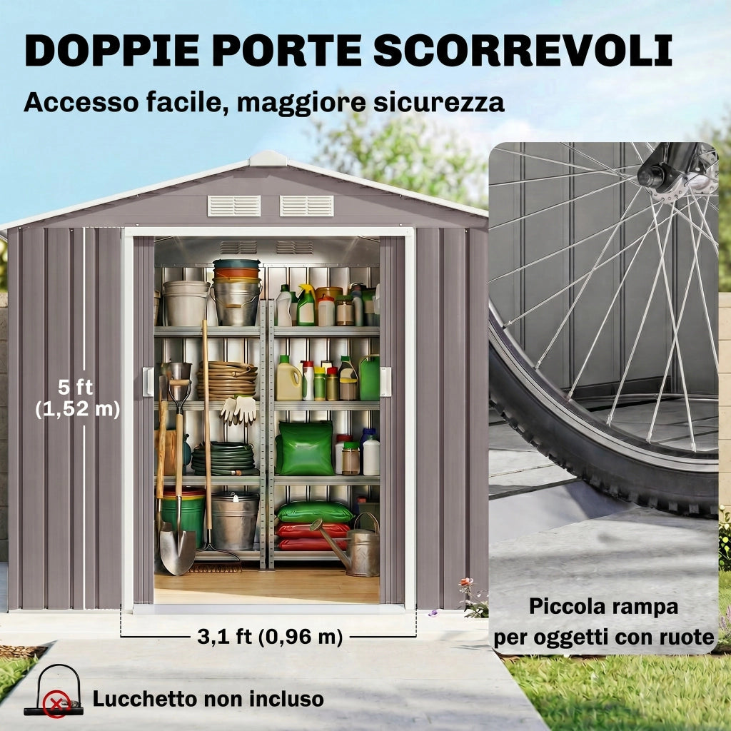 Casetta da Giardino Porta Utensili in Lamiera con Porte Scorrevoli, 213x130x185 cm, Grigio