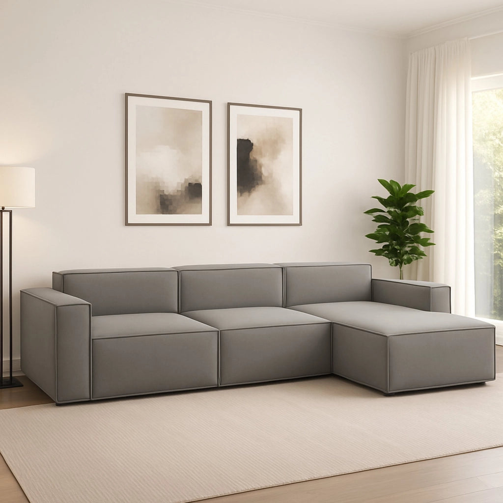 Divano fisso Asvaldo, Divano componibile a 4 posti con penisola destra, Made in Italy, SofÒ  moderno in tessuto, Cm 340x170h70, Grigio