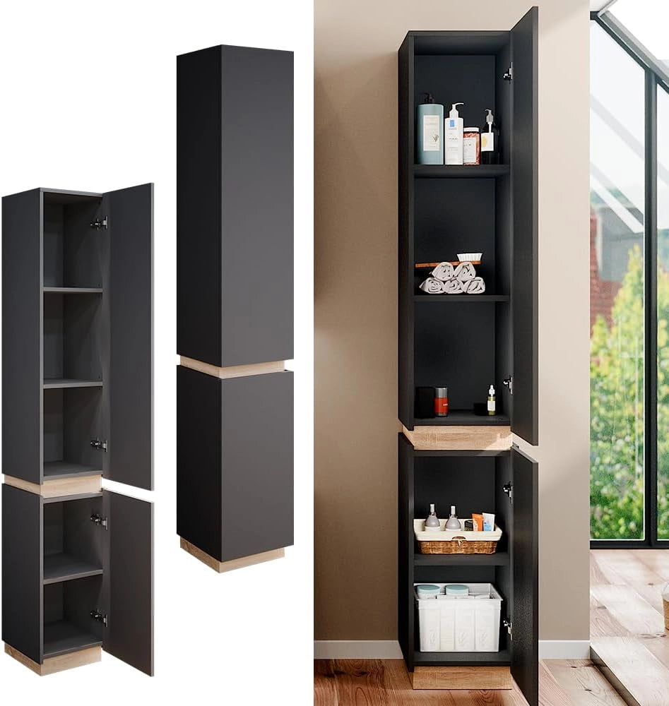 Armadio per il bagno Gloria, Antracite, 33 x 197.5 cm con 2 porte, con apertura per sifone e compatibile con la serie Gloria