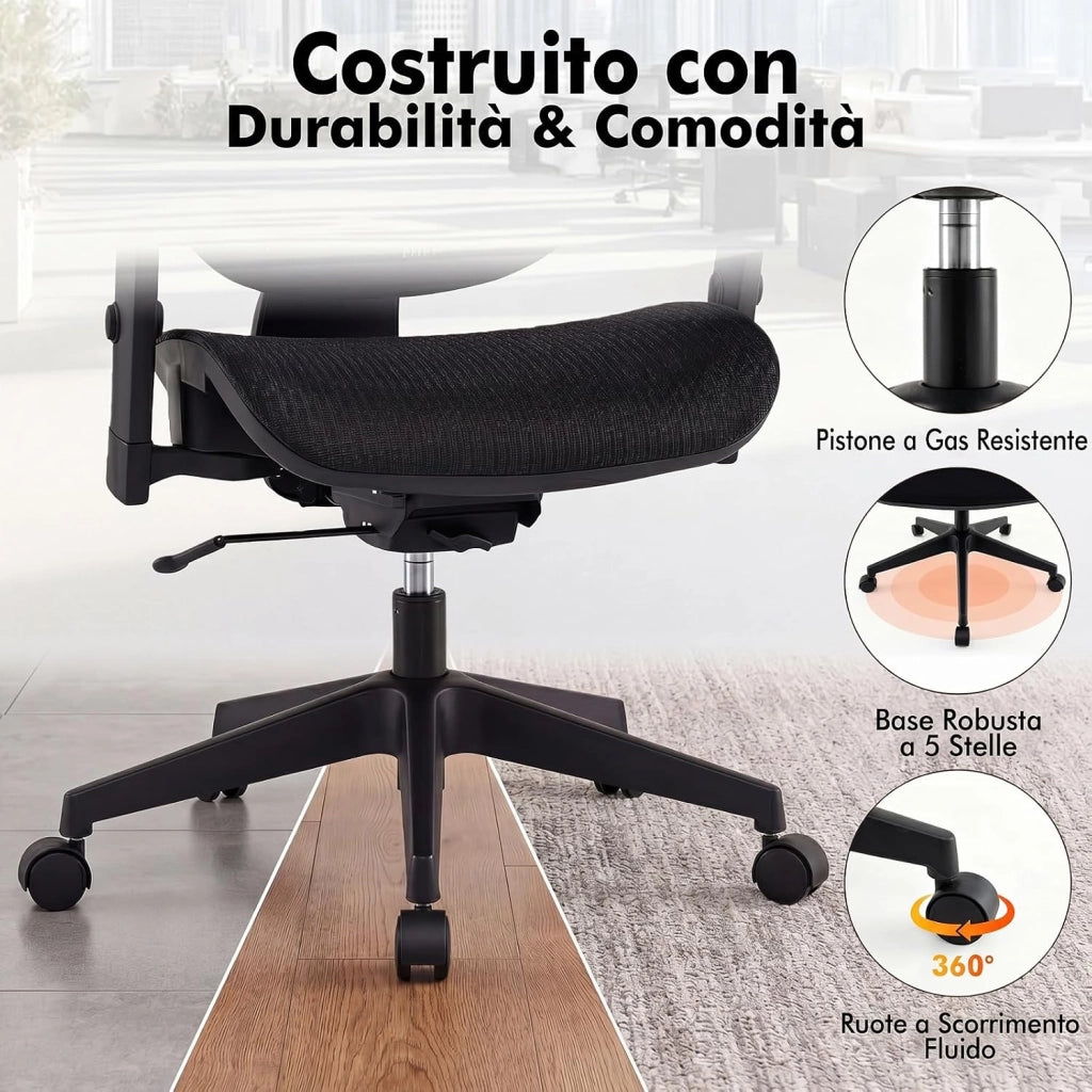 Sedia da Ufficio Ergonomica, Schienale Reclinabile | Poggiatesta Regolabile e Supporto Lombare, Altezza Regolabile, Poltrona con Ruote per Studio, Portata 125 kg