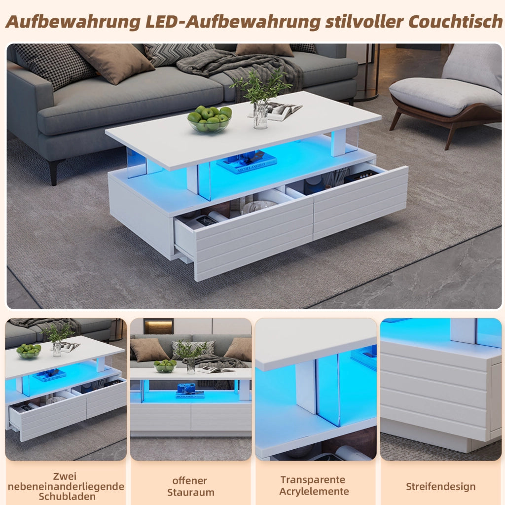 Tavolino da caffè LED bianco 100x50x42 cm con 2 cassetti