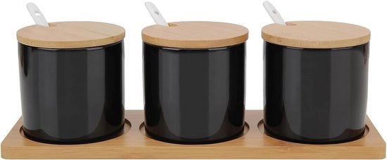 Tazza da zucchero in ceramica con coperchio in bambù - Moderna e funzionale - Nero