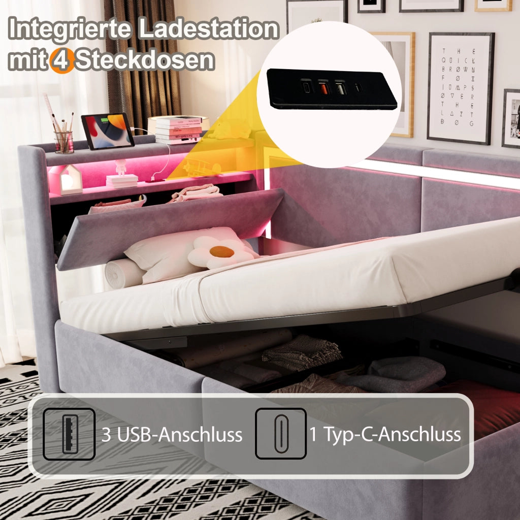 Divano letto imbottito con contenitore sotto il letto, LED e porte USB in velluto grigio chiaro 90 × 200 cm