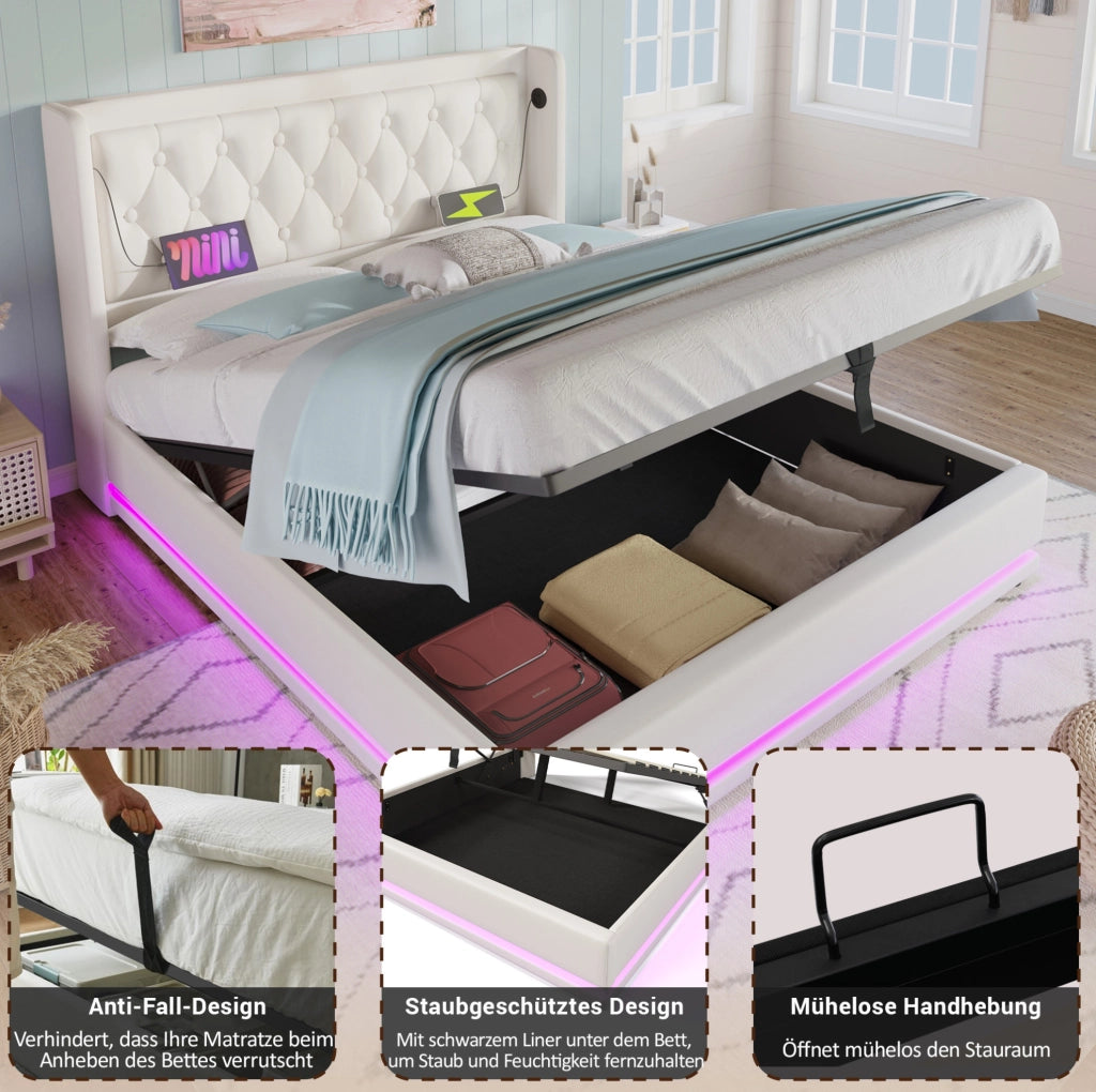 Letto matrimoniale contenitore 180x200 cm bianco con LED e USB-C