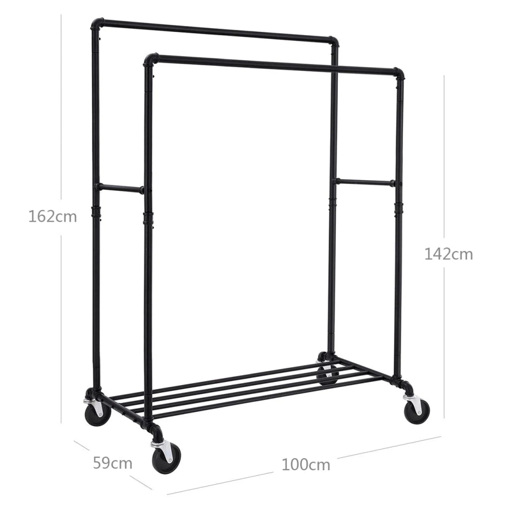 Appendiabiti con ruote capacità di carico 110 kg due barre appendiabiti mobili ripiano in metallo nero di qualità commerciale 12_0007064