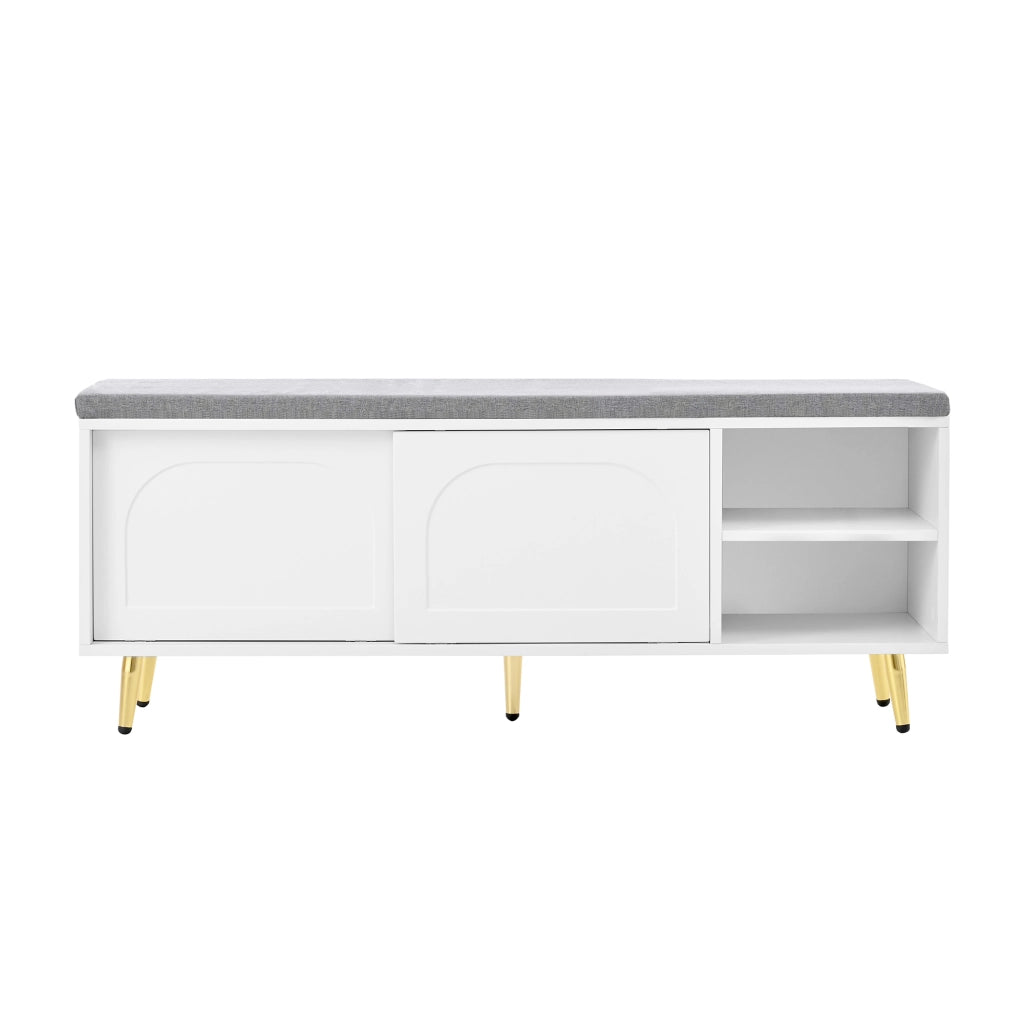 Mobile da ingresso con seduta imbottita, ante rimovibili e ripiani, per ingresso e camera da letto, bianco, 121 × 35 × 49 cm