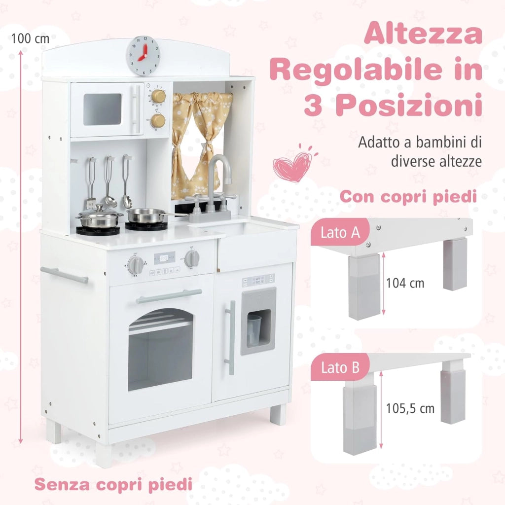 Cucina Giocattolo per Bambini, Cucina Finta in Legno Regolabile in Altezza, Forno a Microonde, Fornelli, Lavello, Forno, Fabbricatore di Ghiaccio, Cucinetta Giocattolo con Tende, per 3+ Anni