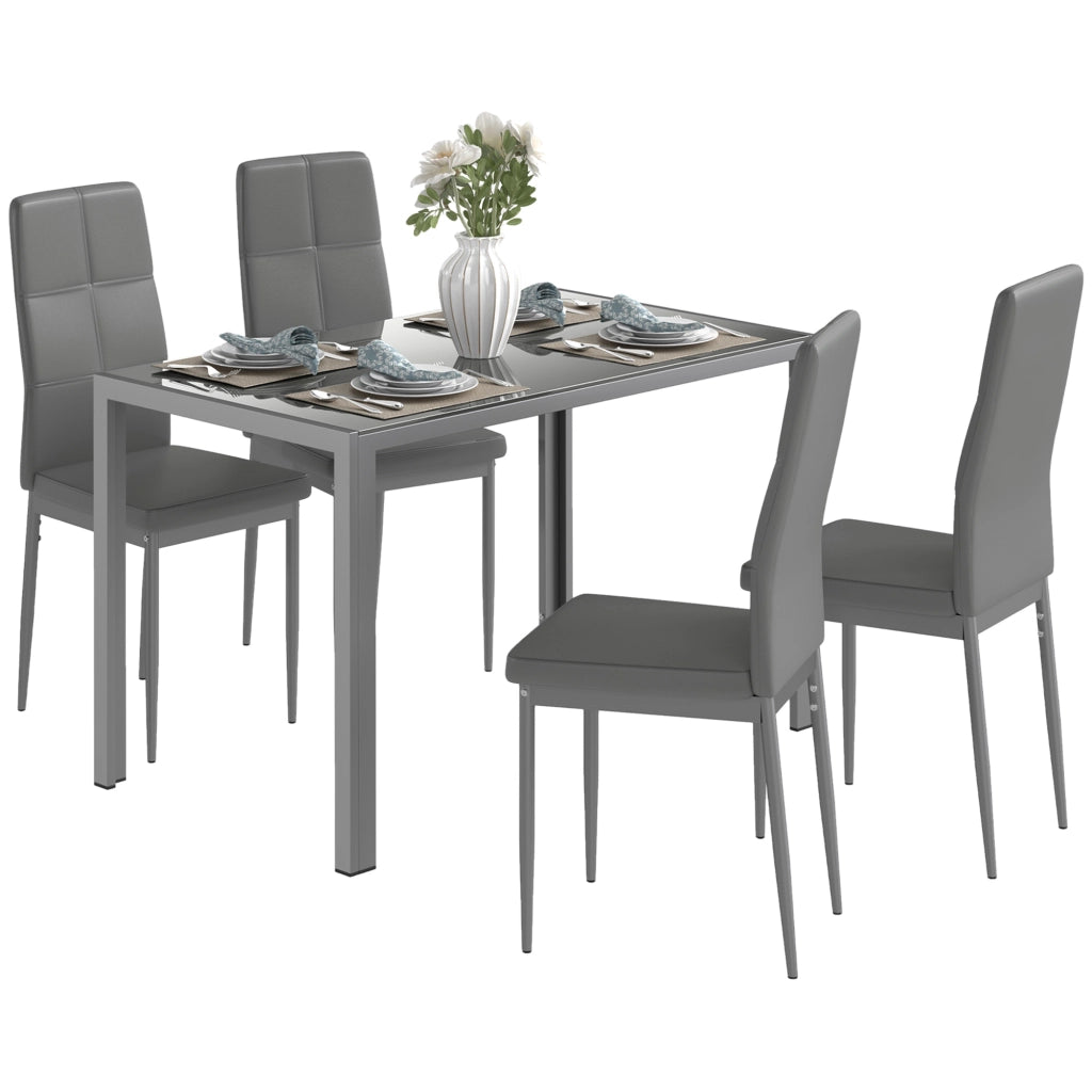 Set da Pranzo 5 Pezzi con 1 Tavolo da Pranzo e 4 Sedie Moderne in Similpelle, Metallo e Vetro Temperato, Grigio