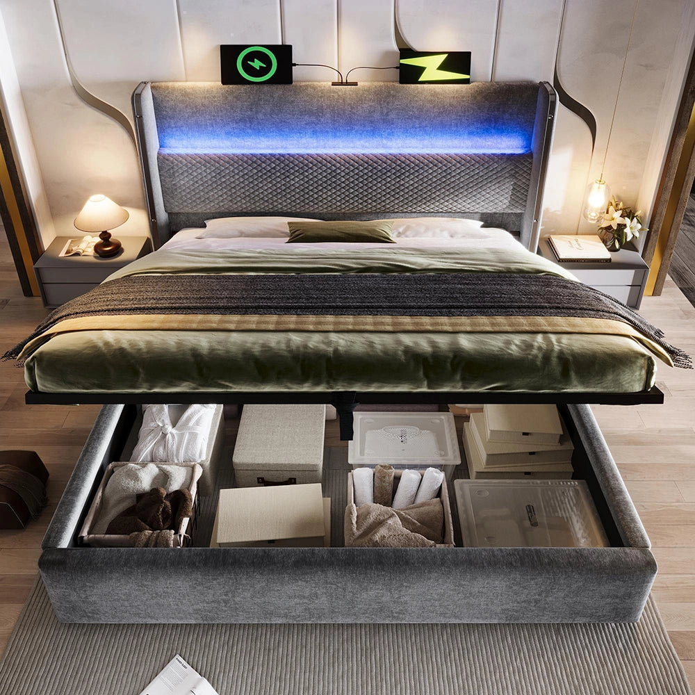 Letto 160x200cm?- Xylo - idraulico LED USB lino grigio