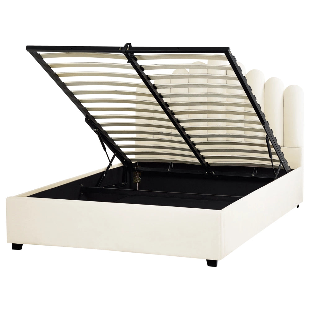 Letto contenitore matrimoniale rete a doghe velluto bianco sporco 140 x 200 testiera a conchiglia