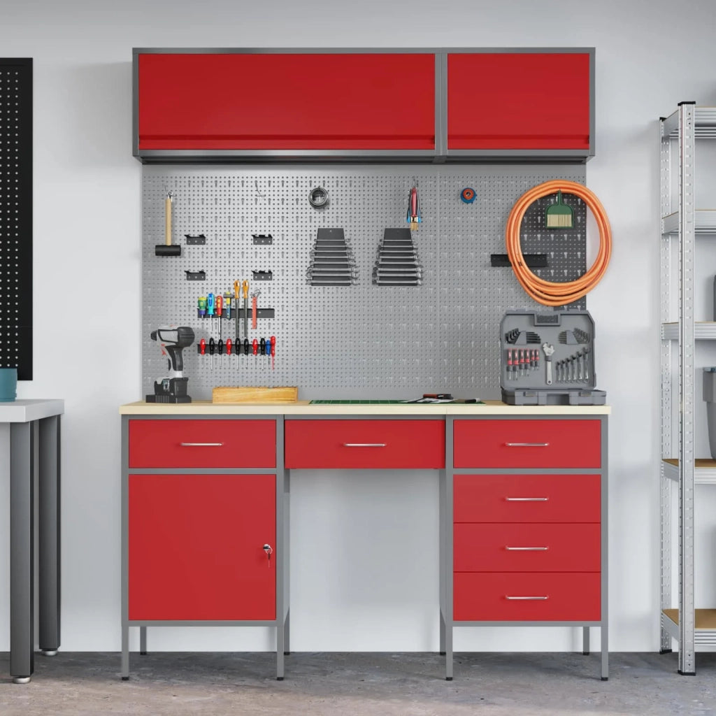 Mobile da lavoro 8 pcs Rosso Legno ingegnerizzato e acciaio 3321459