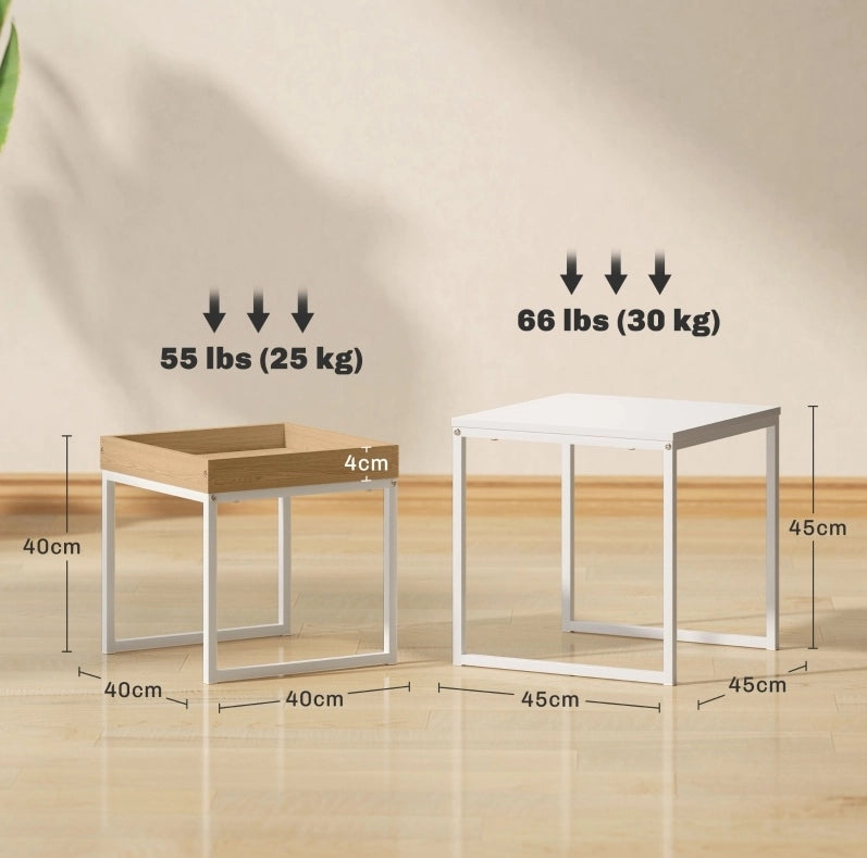 Set di tavolini da caffè 45x45x45 cm e 40x40x40 cm con vassoio rimovibile in acciaio bianco