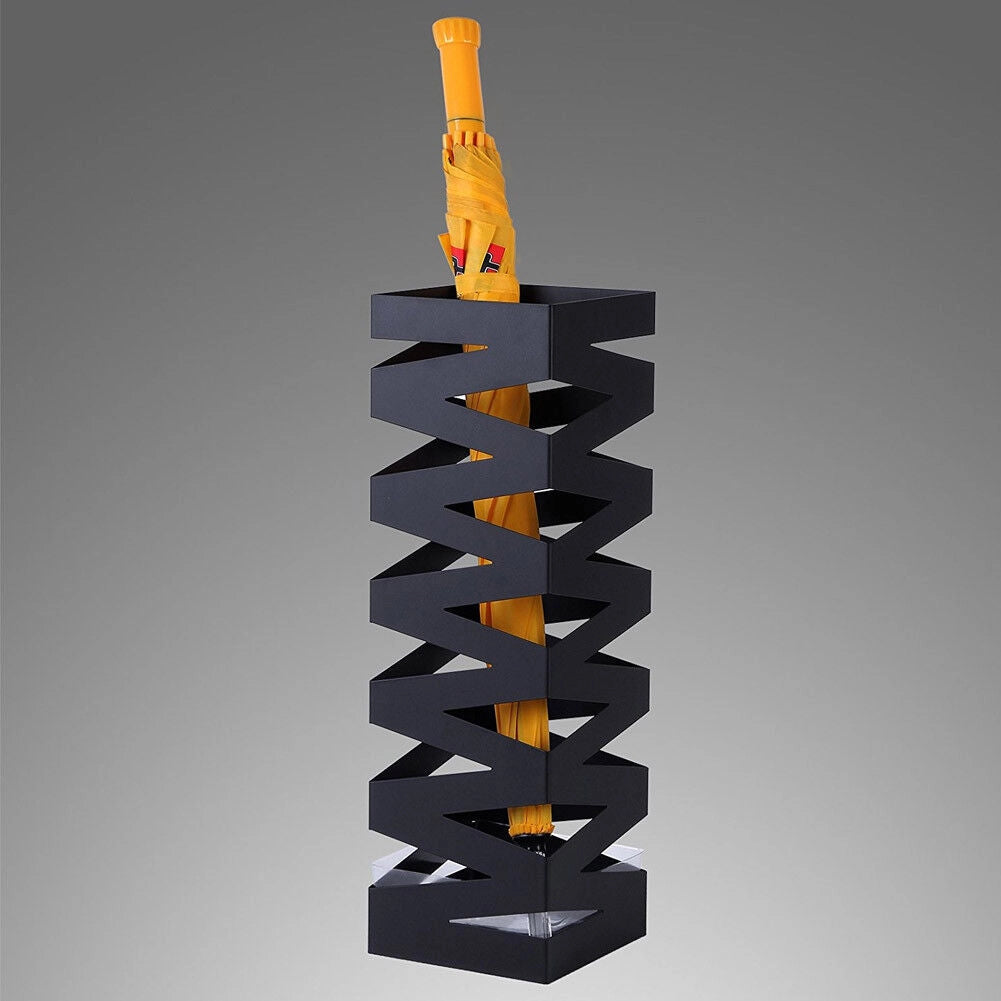 Portaombrelli in Metallo Design Quadrato Stand Nero Vaschetta Salvagoccia