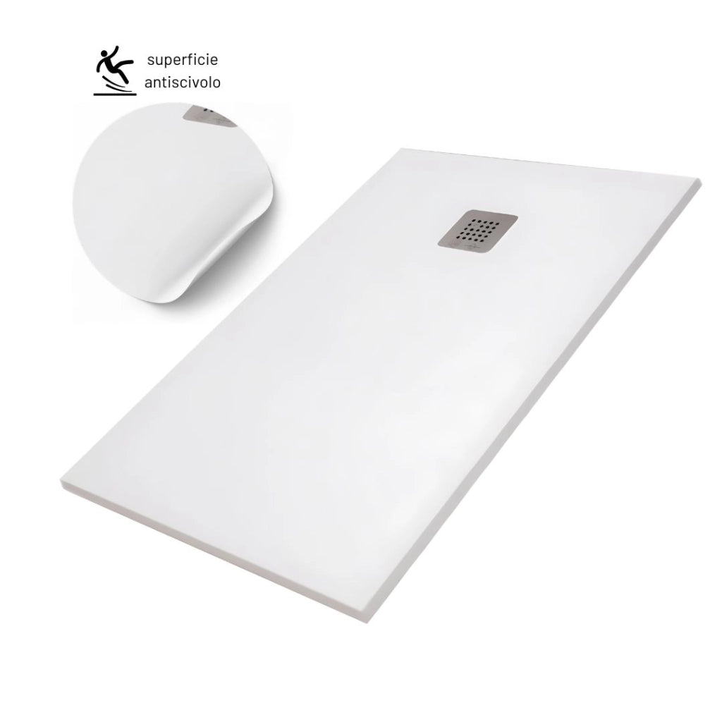 Piatto doccia mineral marmo resina antiscivolo h3,5 cm con piletta *** finitura- bianco opaco, misure l120 x p80 x h3...