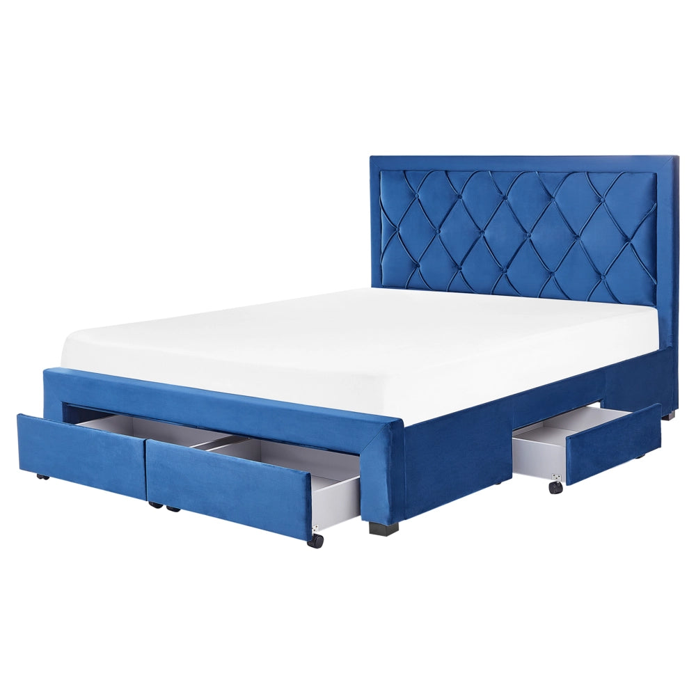 Letto contenitore tappezzeria in velluto blu 160 x 200 cm trapuntato testiera alta cassetti Glam Design