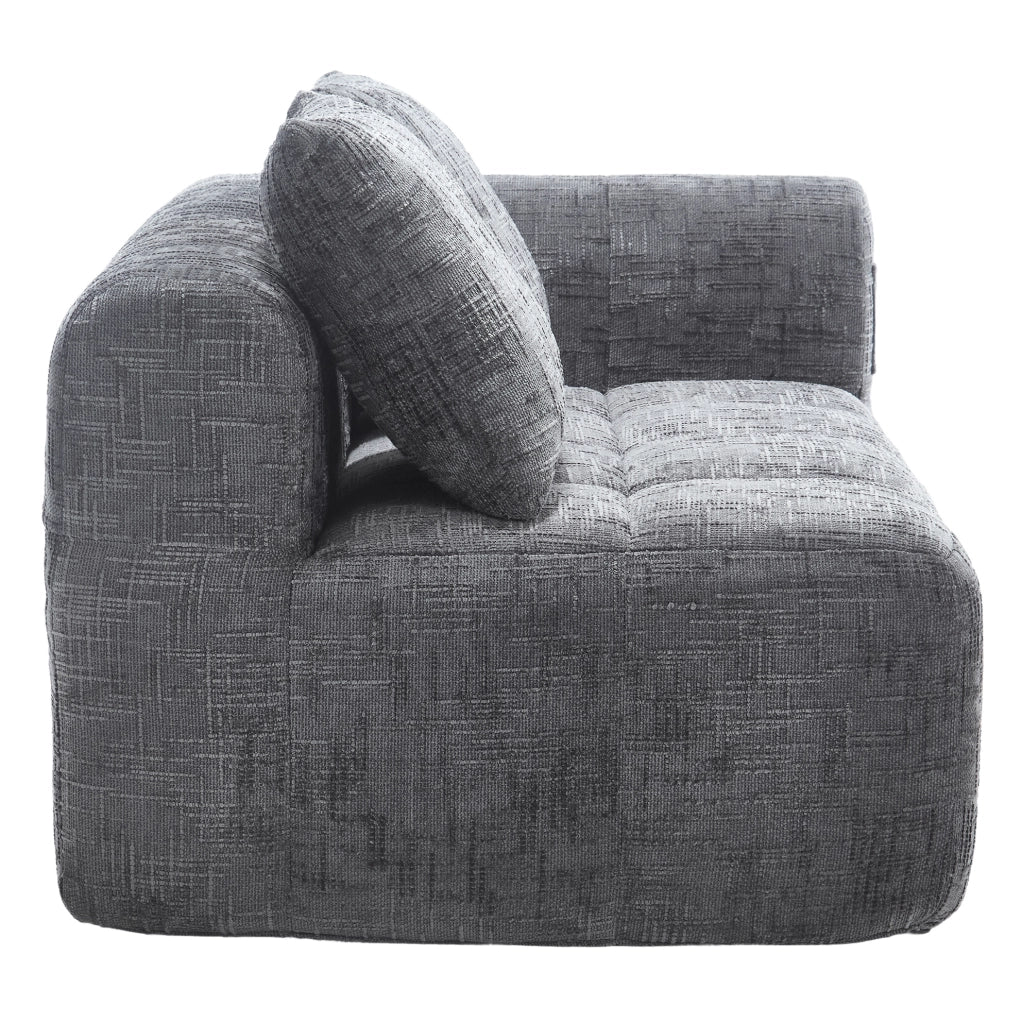 Divano con chaise longue in chenille grigio; 158x90x60 cm; con tasche laterali e cuscino
