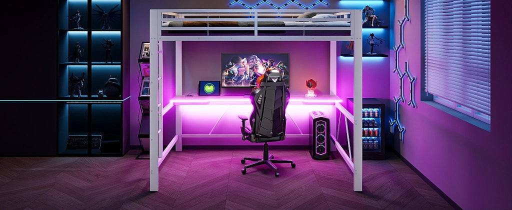 LETTO a soppalco gaming 140x200 cm in metallo e MDF bianco con scrivania e LED