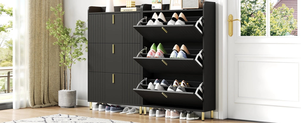 Set di 2 scarpiere salvaspazio a 3 ante ribaltabili, struttura regolabile, MDF, nero