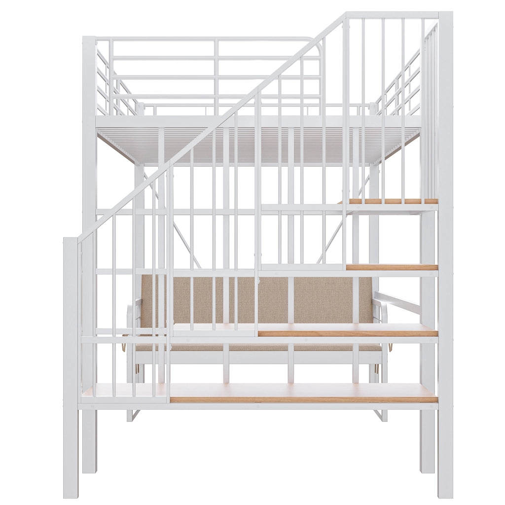 Letto a castello in metallo e MDF 140x200 cm con divano imbottito, scala contenitore e struttura salvaspazio, Bianco