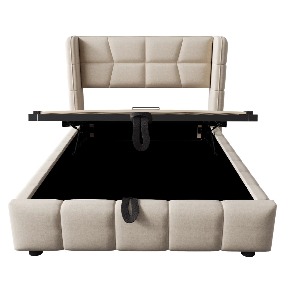 Letto singolo imbottito ULEVR 90x200 cm con vano contenitore sollevabile e testiera, beige
