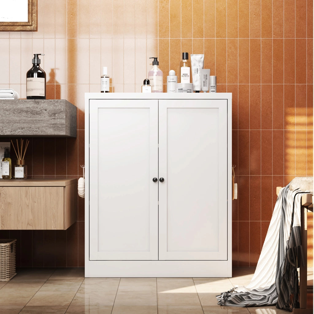 Mobile contenitore con 2 ripiani regolabili e ganci, per cucina e bagno, in metallo bianco, 88 × 70 × 35 cm