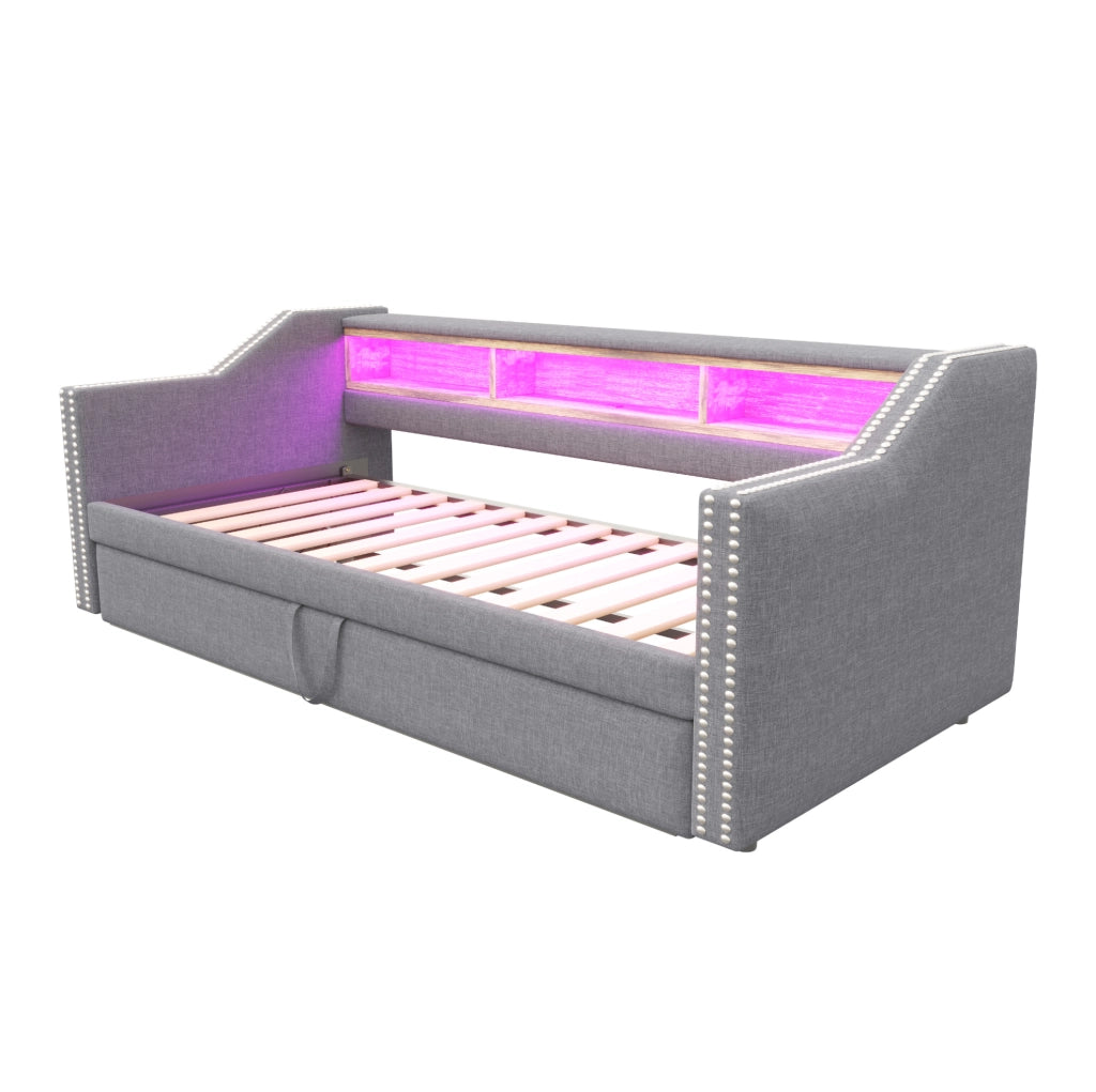 Divano letto estraibile ULEVR 90/180x190 cm con LED, USB e 3 vani laterali, grigio chiaro