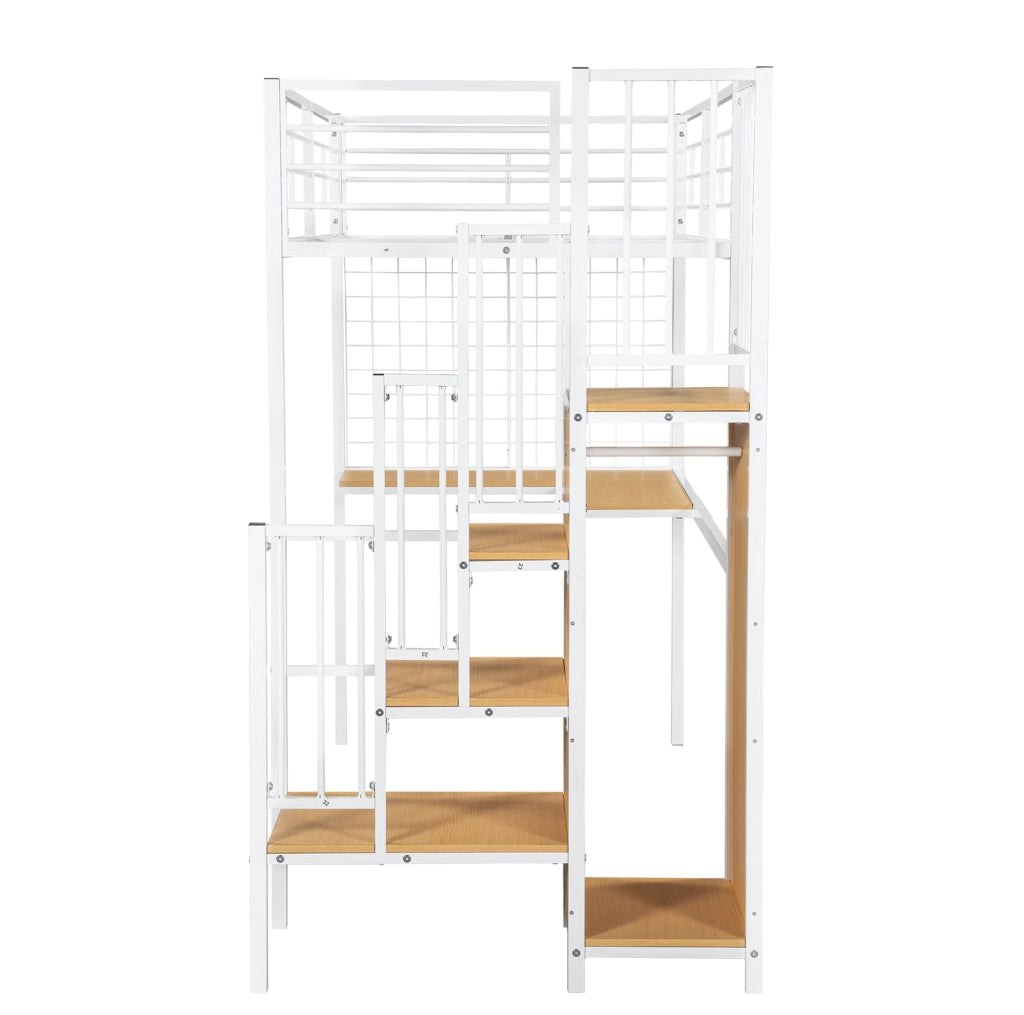 Letto a soppalco 90x200 cm con armadio; scala laterale; MDF e metallo bianco naturale