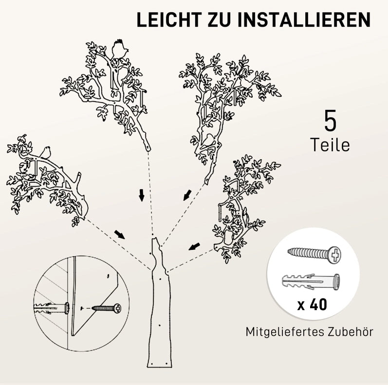 Appendiabiti da Parete in Metallo Nero con Design Albero e Uccelli, 120x175 cm