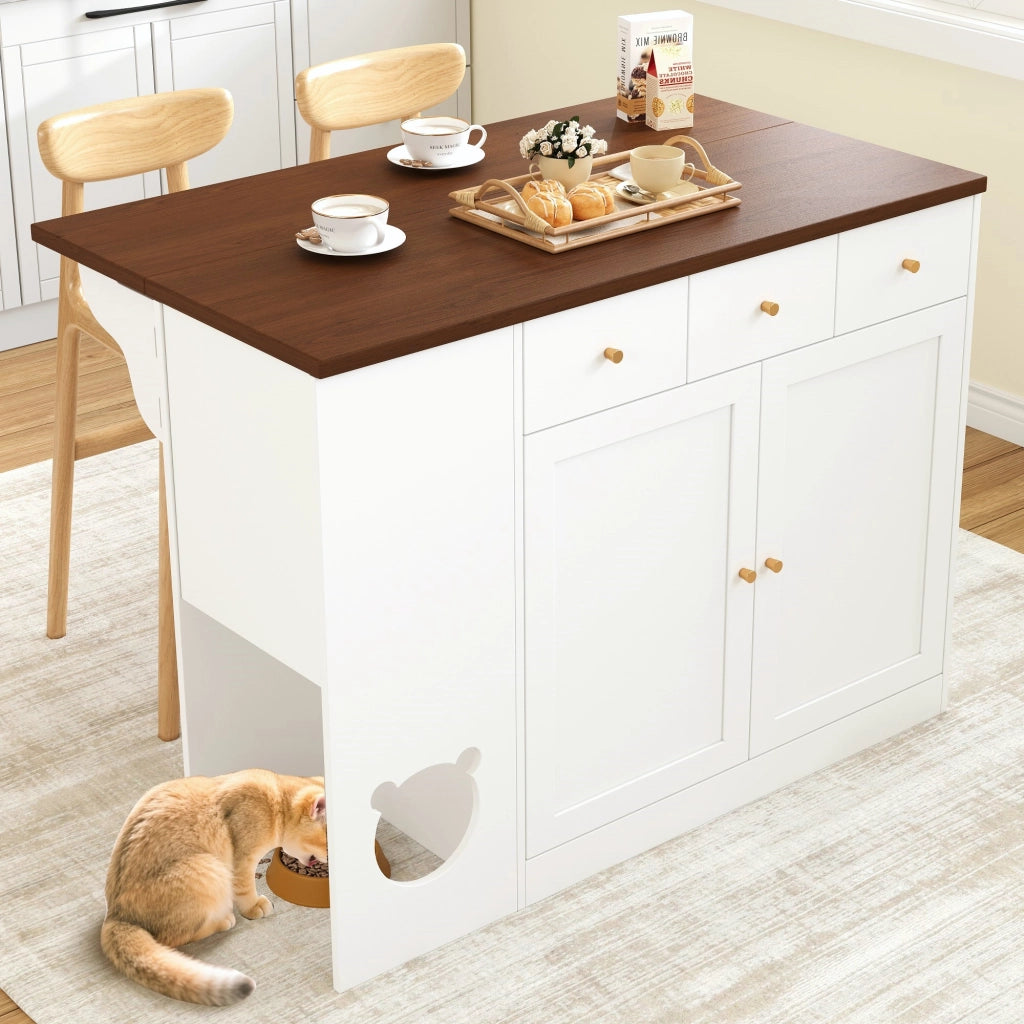 MOBILE CUCINA con piano estraibile e area gatto 120x40(70)x90 cm Bianco/Noce MDF
