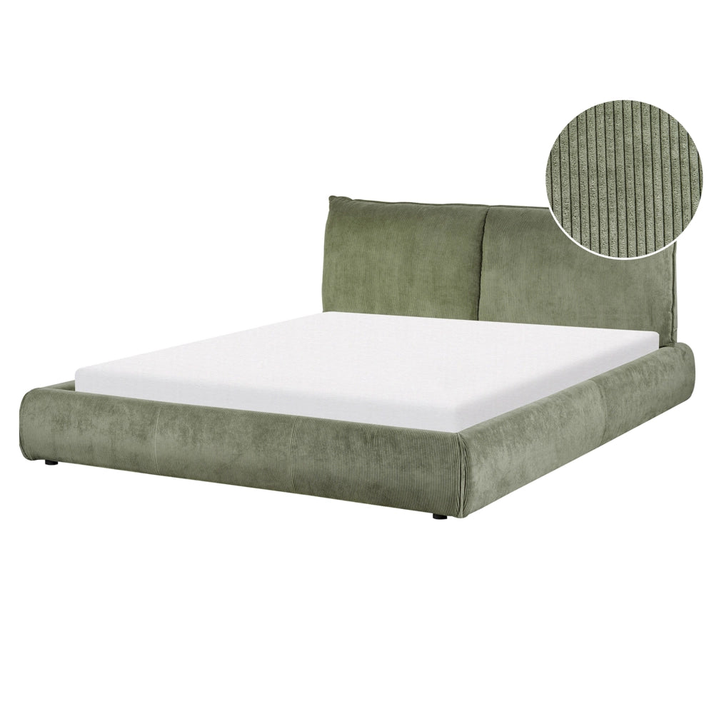 Letto matrimoniale imbottito in velluto a coste verde 160 x 200 cm con rete a doghe e spessa testata imbottita